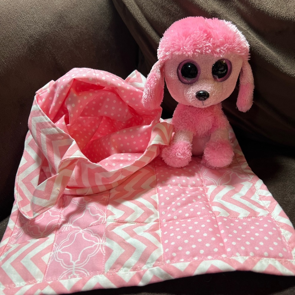 Handcrafted small quilt & reversible carry bag w/small previously loved plushie